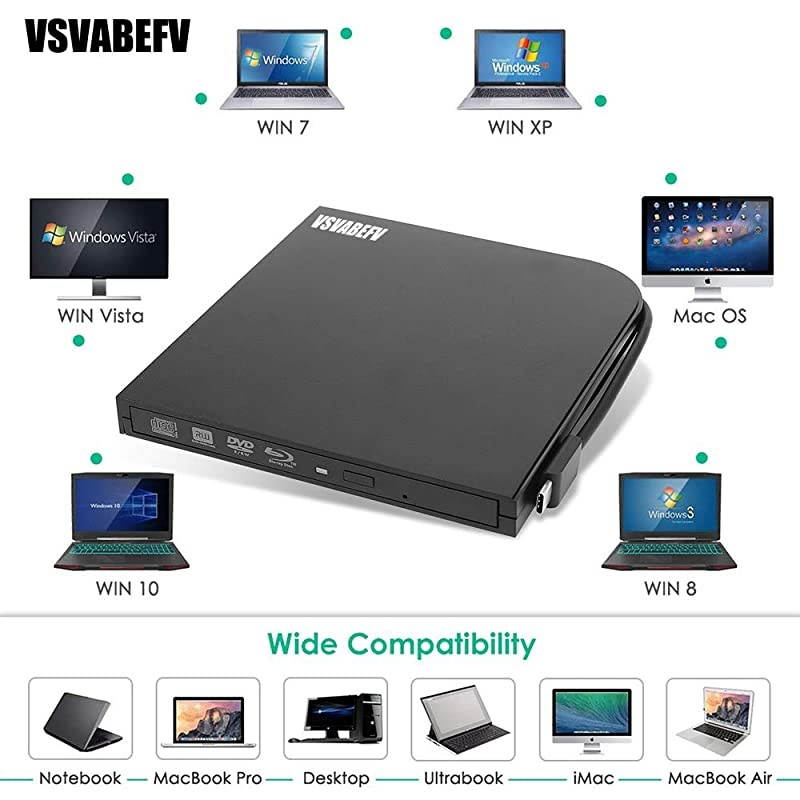 External Blu Ray DVD Drive Burner Player USB3.0 Type-C Dual interfaces Portable Slim Automatic Slot-Loading CD/DVD-RAM/BD-ROM Superdrive +/- RW Reader with High Speed Data for Laptop PC