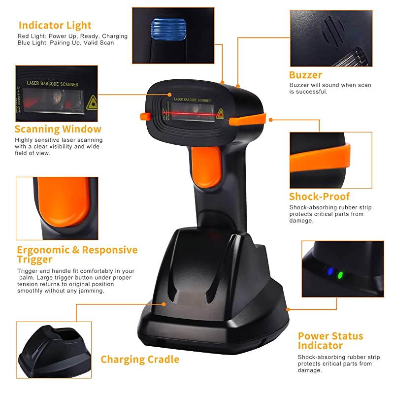 Wireless Barcode Scanner USB Cradle Charging Base Handheld Bar Code Reader 1D Automatic Sensing Fast and Precise Scanner