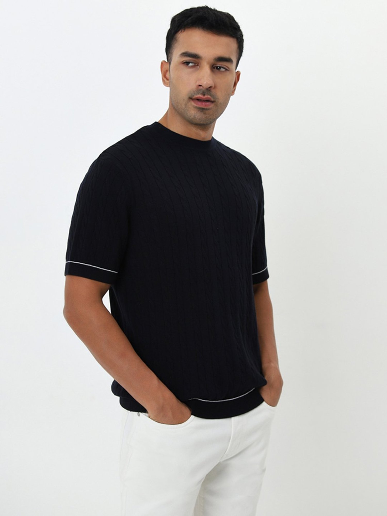 Ascot by Westside Navy Ribbed Textured Relaxed-Fit Cotton T-Shirt