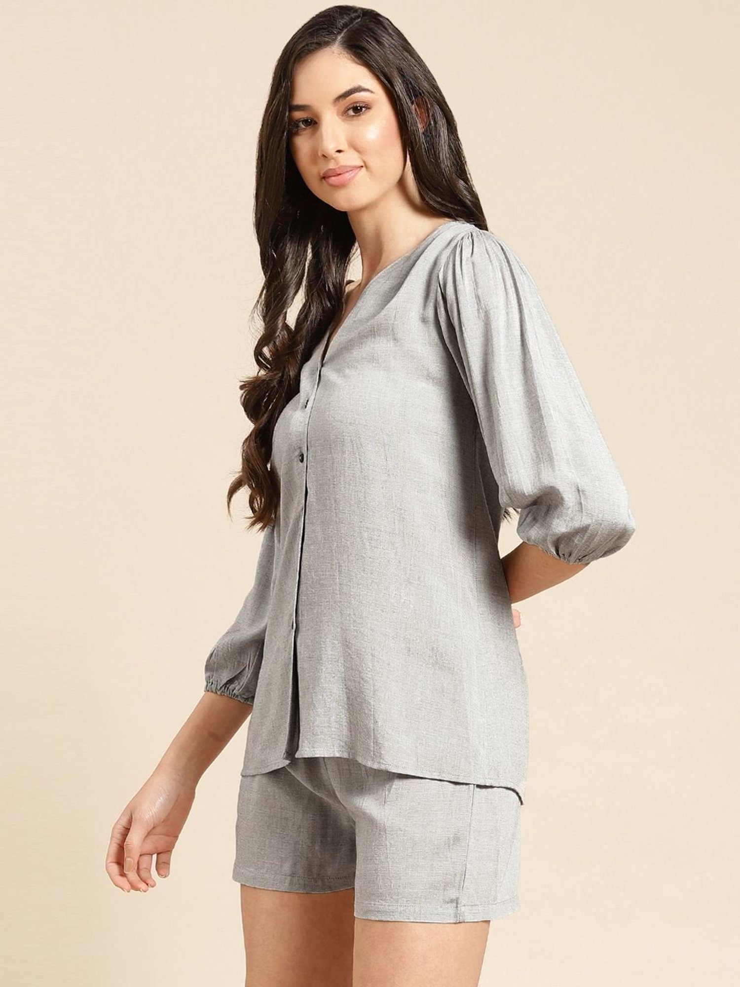 Prakrti Grey V Neck Top Shorts Set