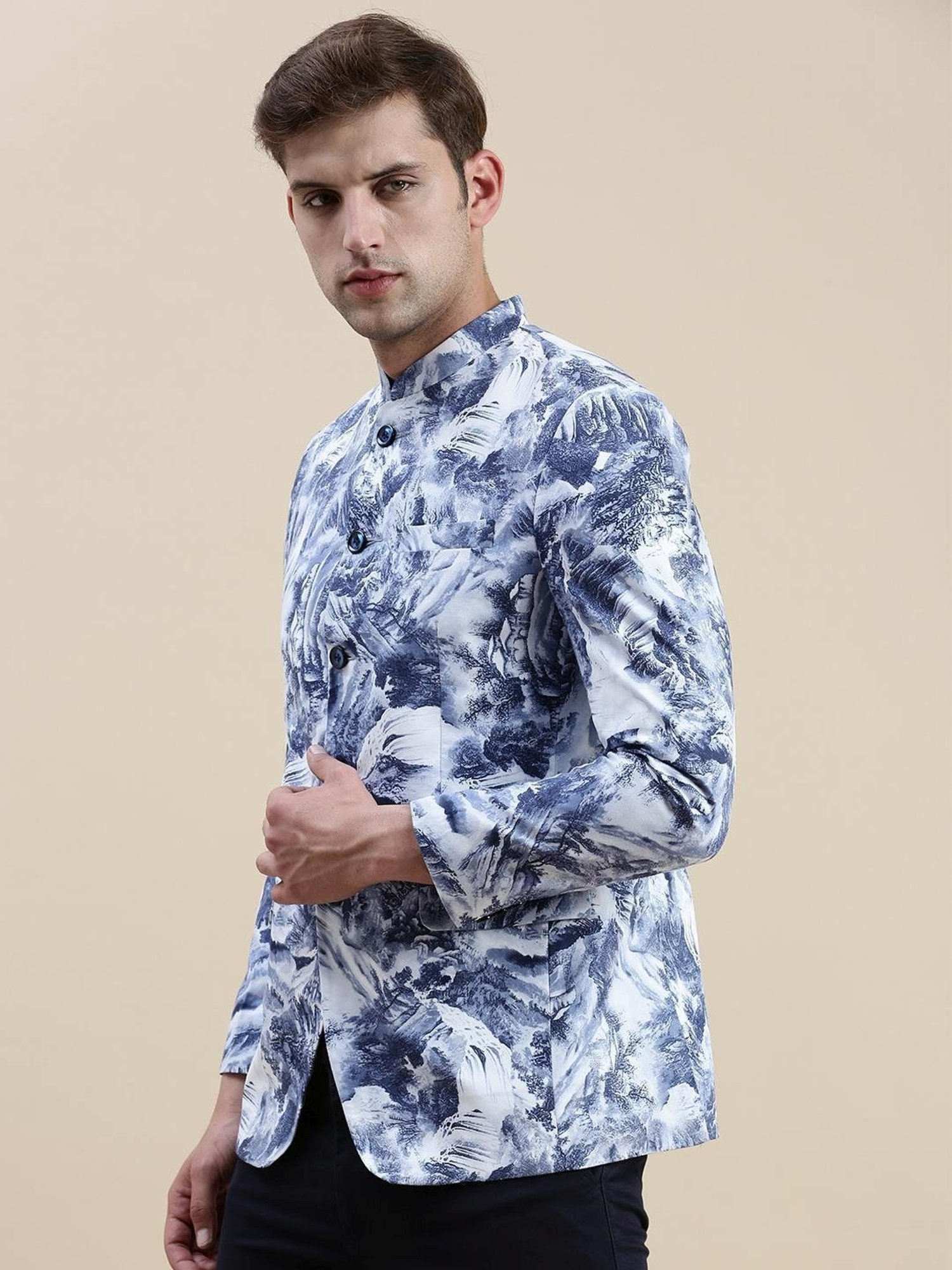 SHOWOFF Blue Slim Fit Printed Blazer