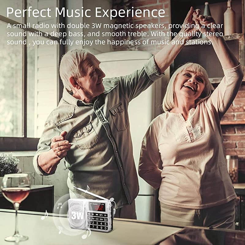 Small Portable Radio AM FM SW Digital Rechargeable Radio with Neodymium Speaker, Large Buttons, Support USB SD TF Card MP3 Player(Gold)