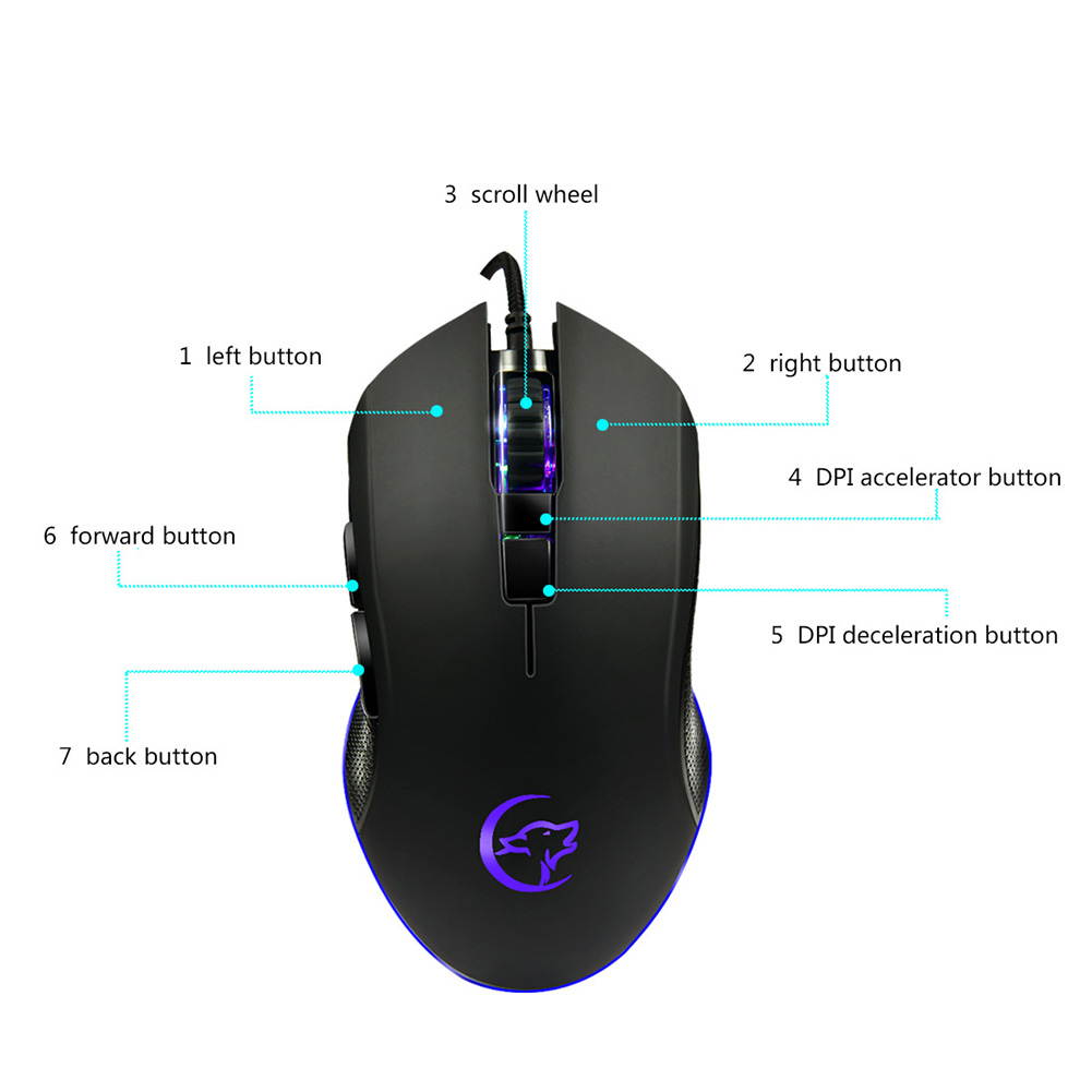 ABS Ergonomic Wired Professional Colorful Backlight USB 6 Buttons Compact Gaming Mouse Optical
(Color: Black)