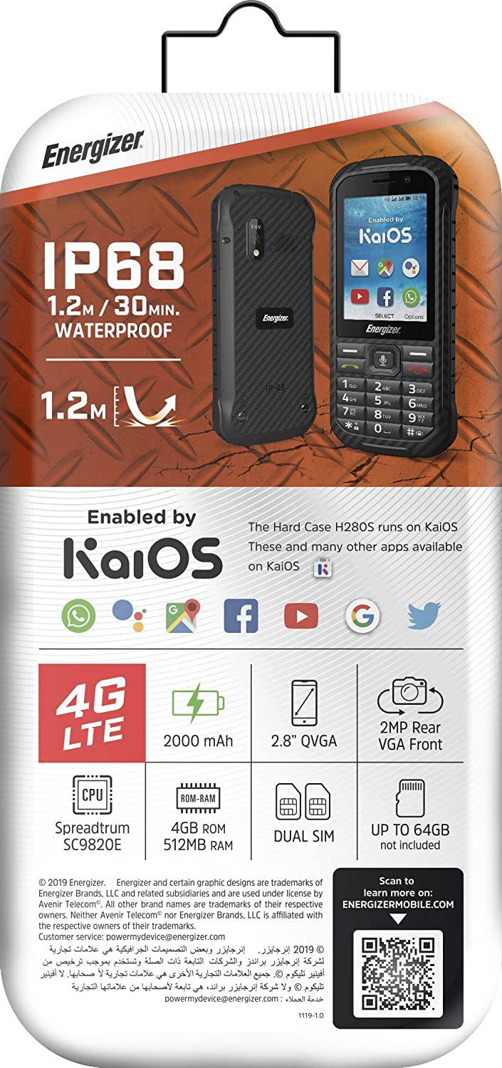 Energizer Hardcase H280S Dual-SIM 4GB ROM + 512MB RAM (GSM Only | No CDMA) Factory Unlocked 4G/LTE Cell Phone (Black) - International Version