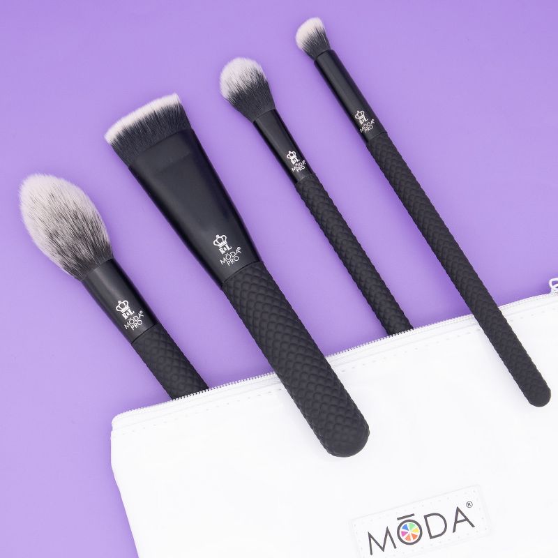 MODA Brush Pro 5pc Sculpt & Glow Black Makeup Brush Set with Zip Case, Includes - Radiance, Sculpt, Glow and Precision Angle Brushes
