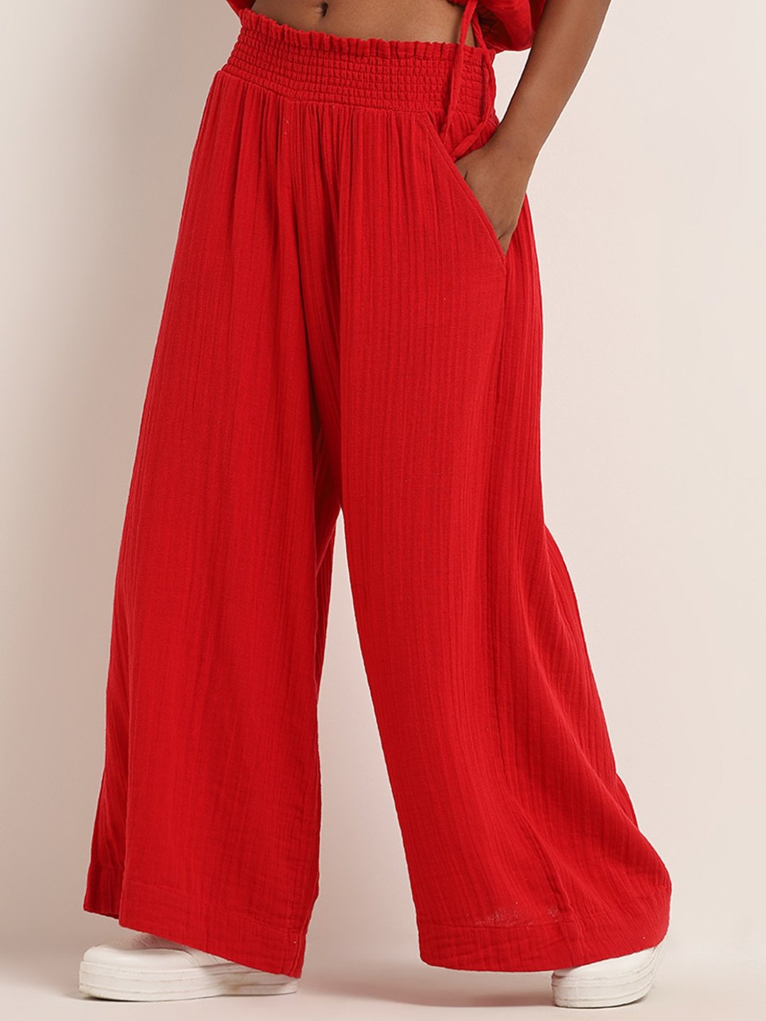 Superstar by Westside Red Crinkle Textured High-Rise Cotton Pants