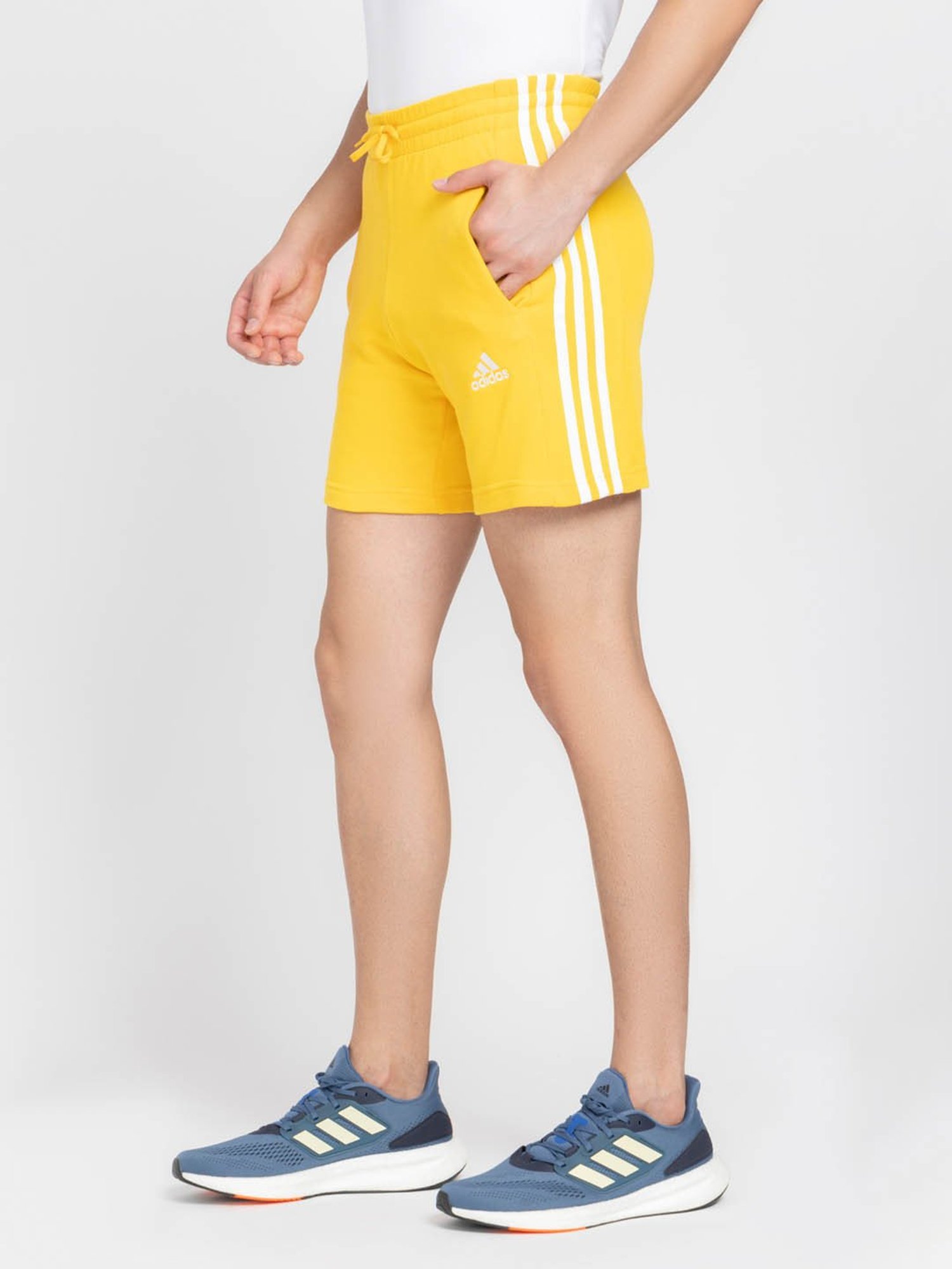 Adidas Yellow Regular Fit Striped Sports Shorts