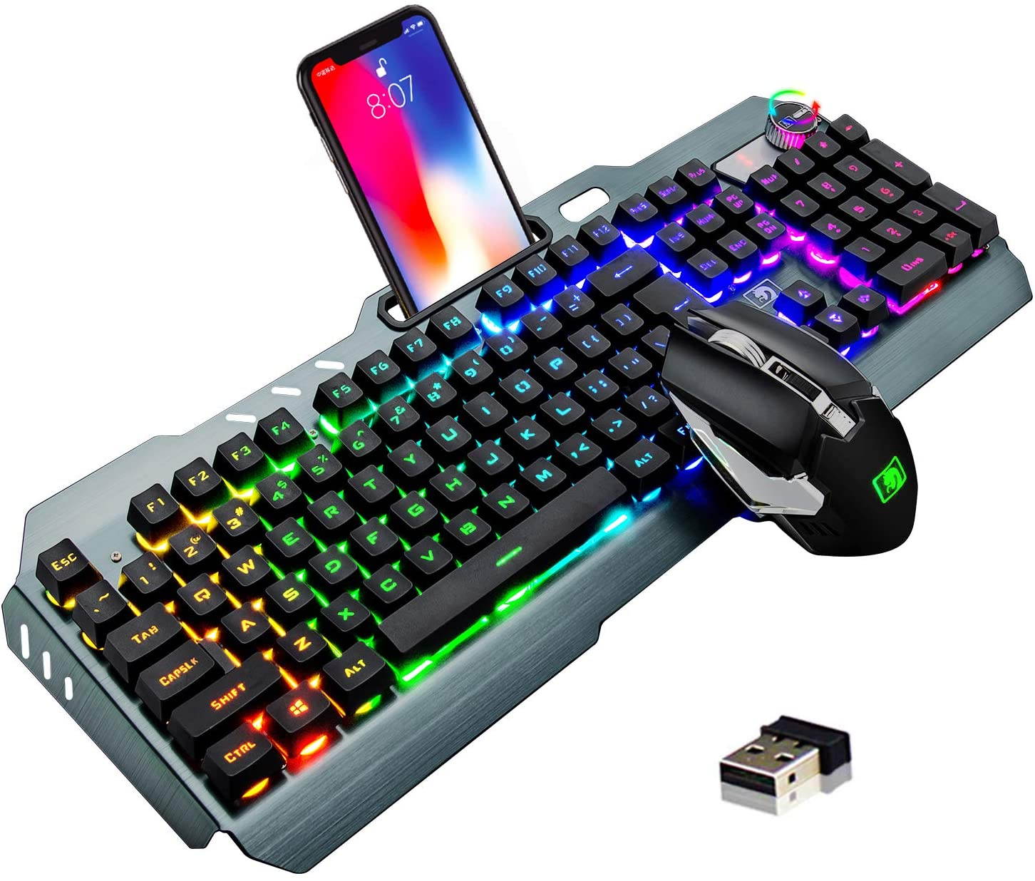 Wireless Gaming Keyboard and Mouse,Rechargeable16 Kinds RGB LED Backlit  Keyboard Mouse with 4800mAh Battery Metal Panel,Mechanical Feel and Gaming Mute Mouse for Computer Gamers