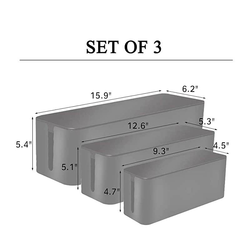 of 3 3 Cable Management Boxes + 3 Wire Ties Large Cord Box Organizers to Hold and Hide Power Strip Charger Adapter Power Cord Charging Station USB HUB Black