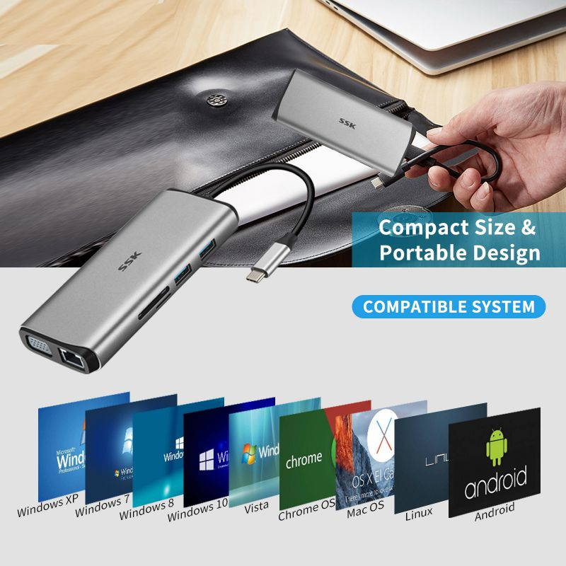 SSK 11 in 1 USB C Hub,Dual Monitor Laptop Docking Station,MacBook Pro HDMI Adapter ethernet Adapter with VGA,PD Fast Charging,4USB Ports,SD/TFCard Reader for MacBook Air(Thunderbolt 3) Type C Devices