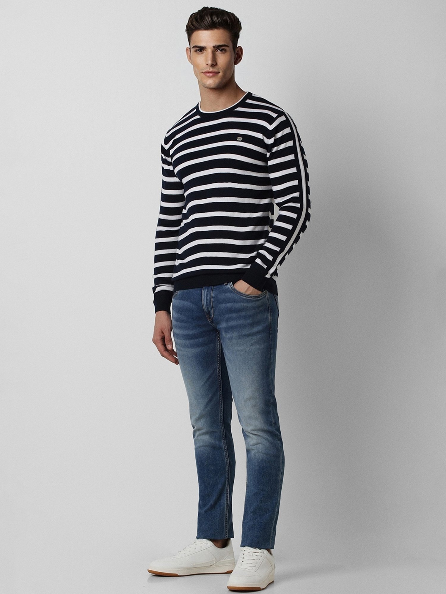 Peter England Black Regular Fit Striped Sweater