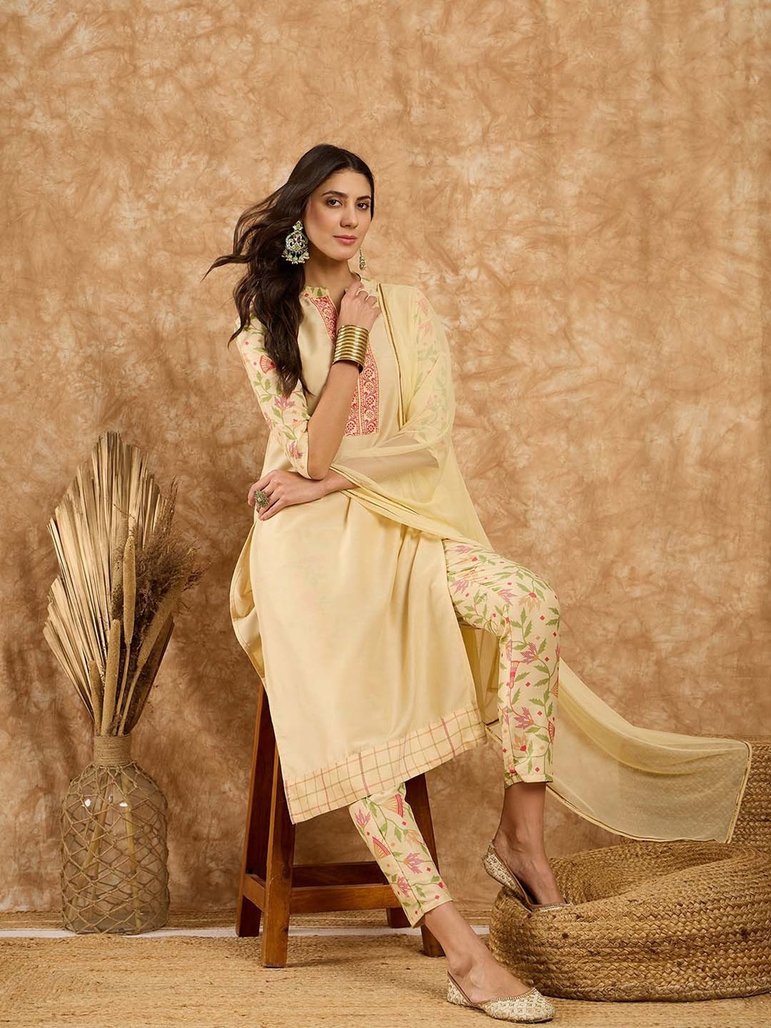 Ziyaa Beige Printed Kurta With Pant & Dupatta