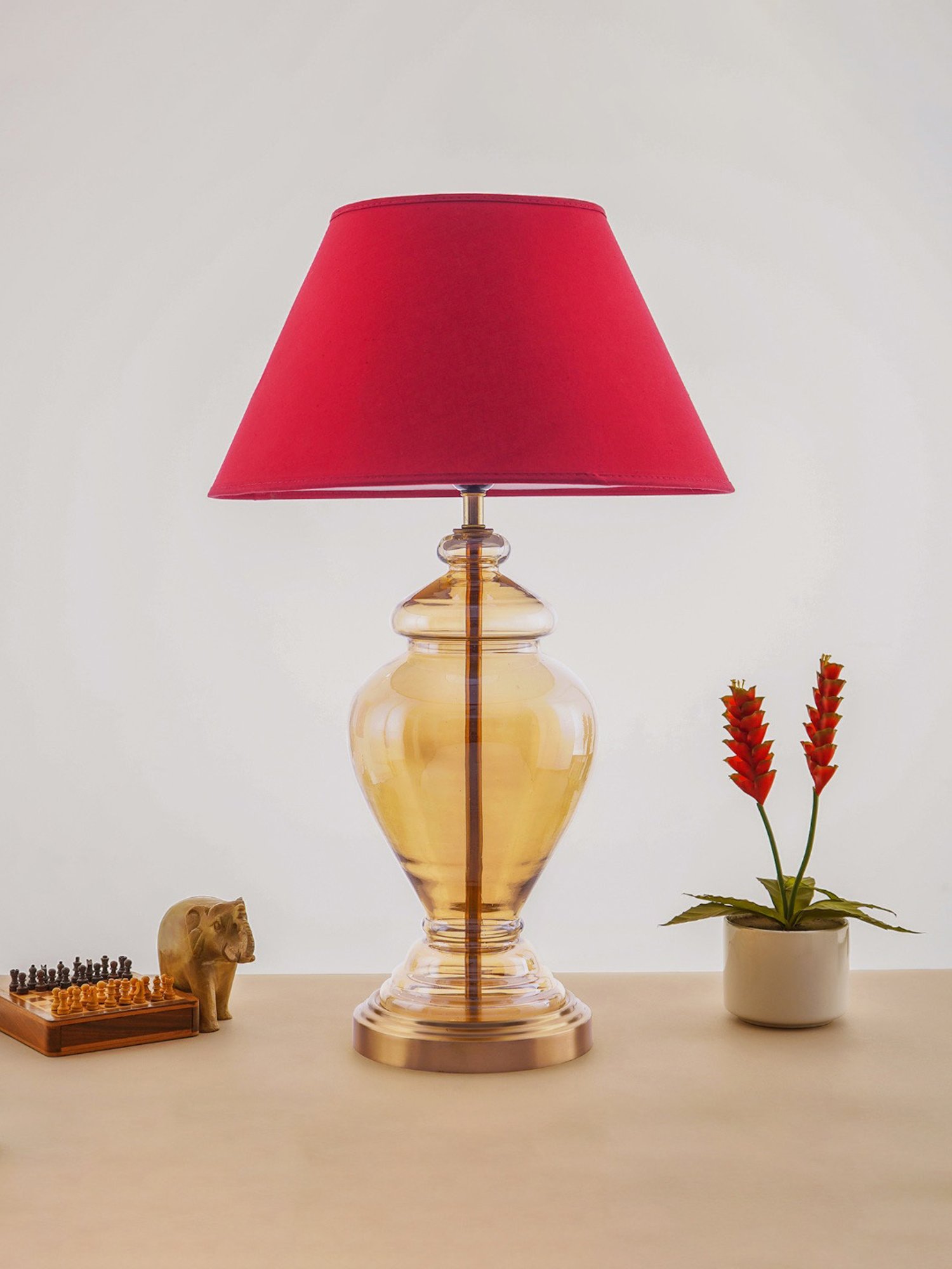 Kapoor E Illuminations Maroon & Antique Gold Glass Table Lamp - Set of 1