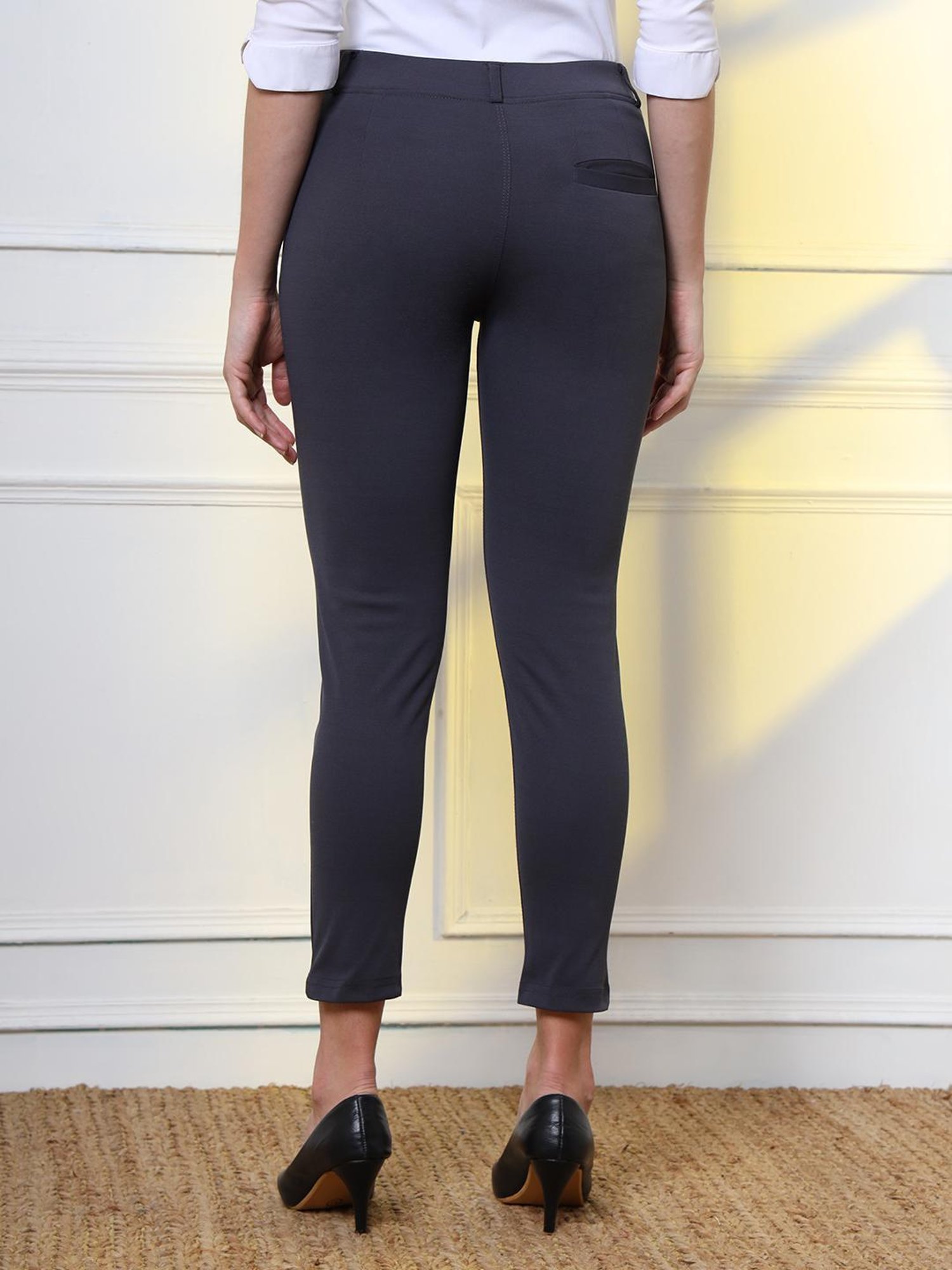 FITHUB Dark Grey Slim Fit High Rise Formal Trousers