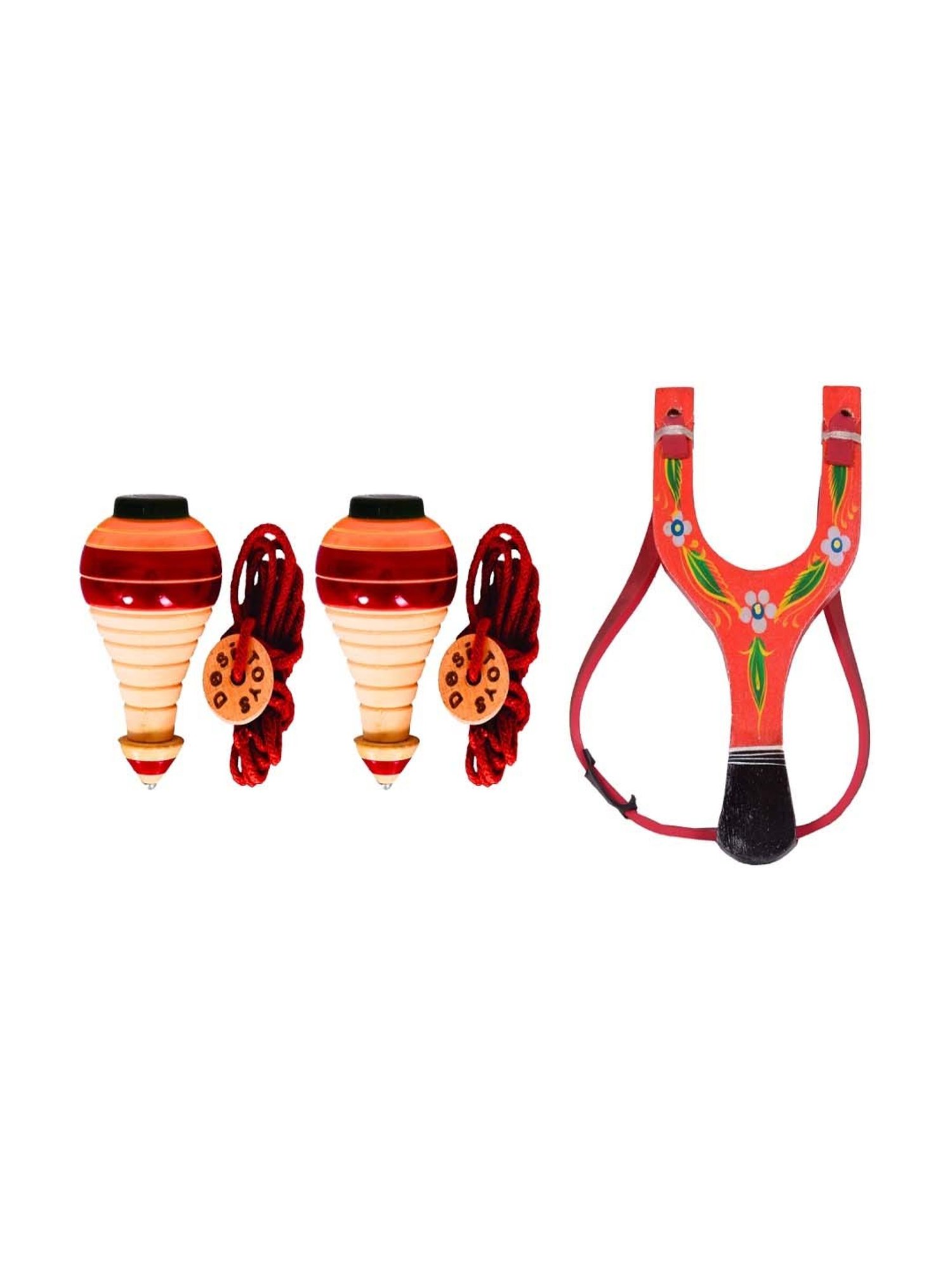 Desi Toys Kids Multicolor Wooden Spinning Top & Gulel Set