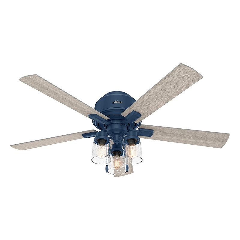 Hunter Fan Company Hartland Low Profile 52" Indoor Home Ultra Quiet Ceiling Fan w/ Light Gray Oak Blades, Pull Chain, & LED Lights, Indigo Blue