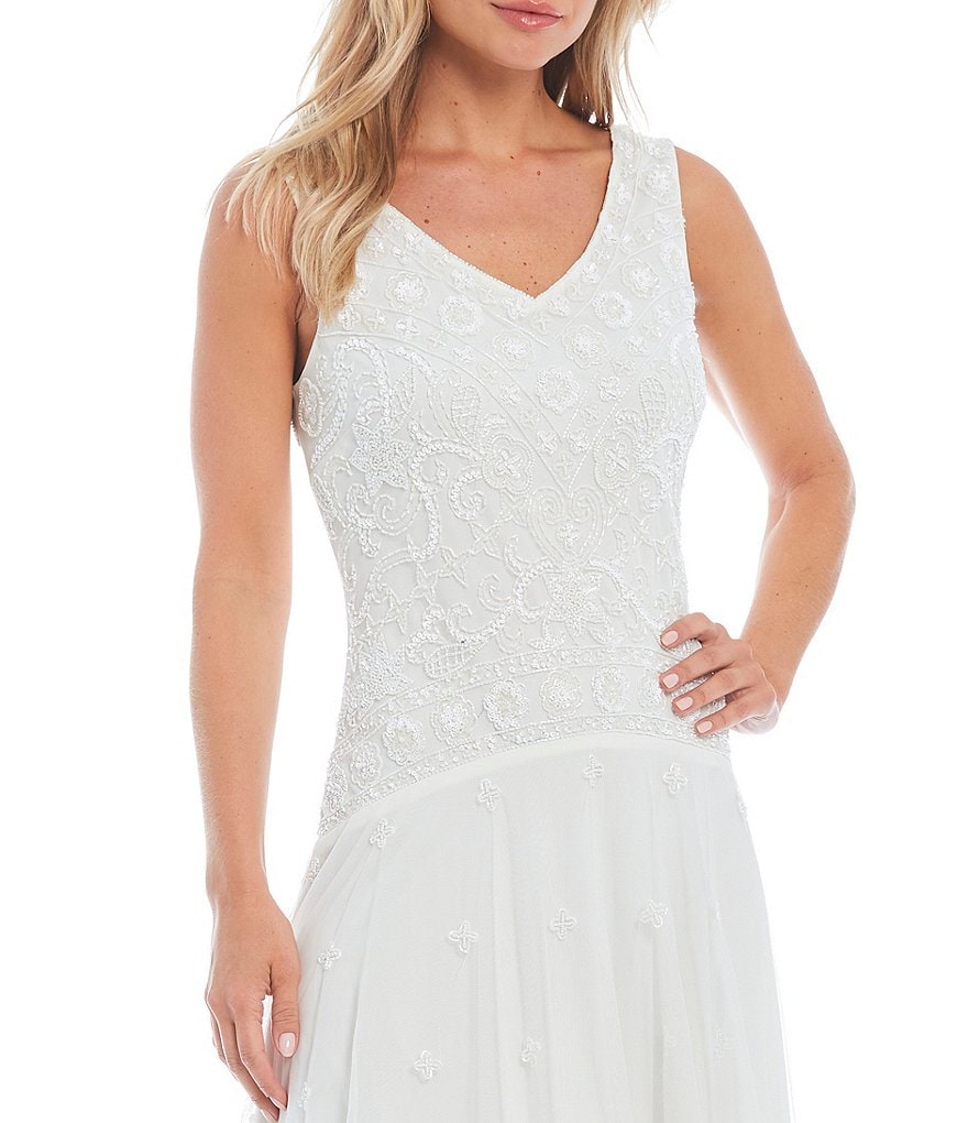 Jkara Sleeveless V-Neck Chiffon Beaded Bodice & Skirt Gown