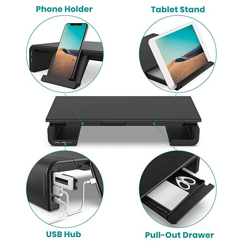 Stand with Hub Klearlook Foldable Riser with USB Ports and TypeC Port 24 W FastCharging Width Adjustable Desk Organize NonSlip Feet Compatible with iMacSurface StudioDell XPS 27