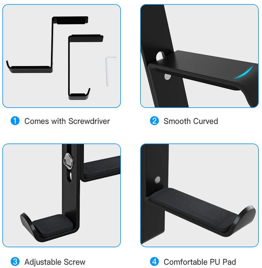 Headset Hook Holder Headphone Hanger, Aigrous Universal PC Gaming Headset Hanger Mount Earphone Stand Adjustable Desk Clamp USB Cable Earbuds Hook Organizer for Apple Watch Headphone