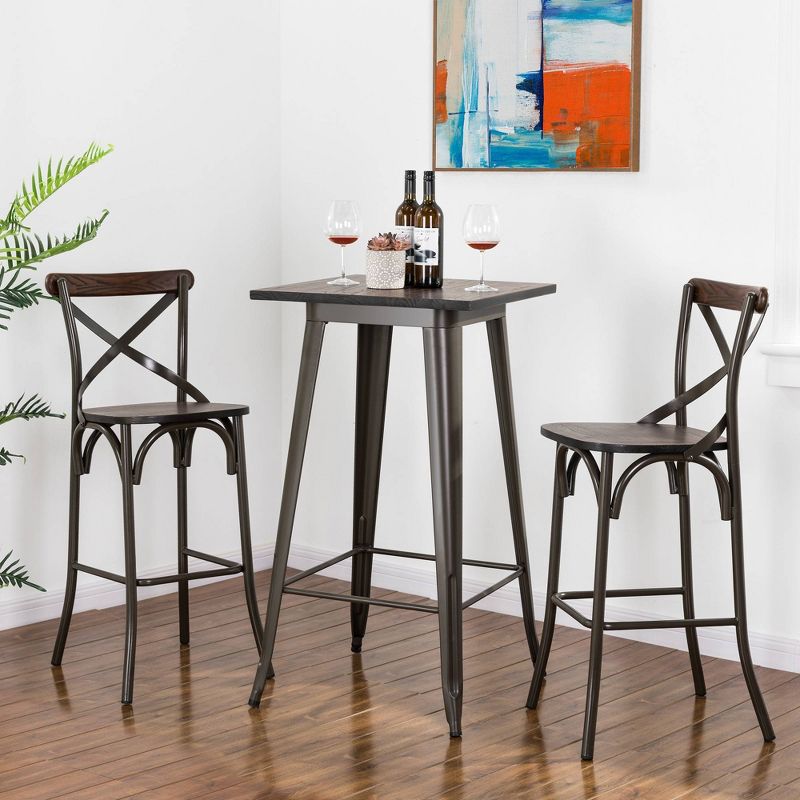Set of 2 Steel Barstools with Solid Elm Wood Seat and Back Support Rustic - Glitzhome