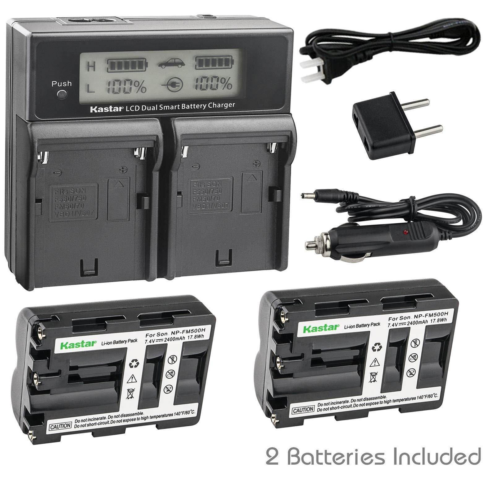 Kastar LCD Dual Smart Fast Charger & 2 x Battery for NP-FM500H NP-FM500 and Sony Alpha SLT A58 A57 A65 A77 A99 A77V A77II A350 A450 A500 A550 A700 A850 A900 CLM-V55 DSLR Camera