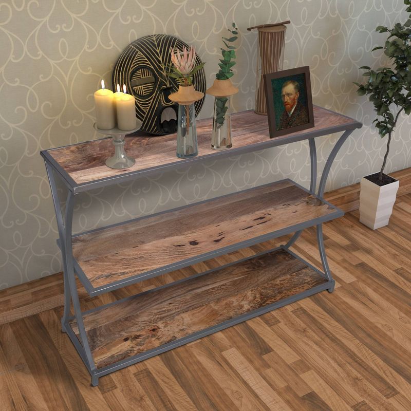 Metal Framed Three Tier Console Table with Mango Wood Shelves Brown/Gray - The Urban Port