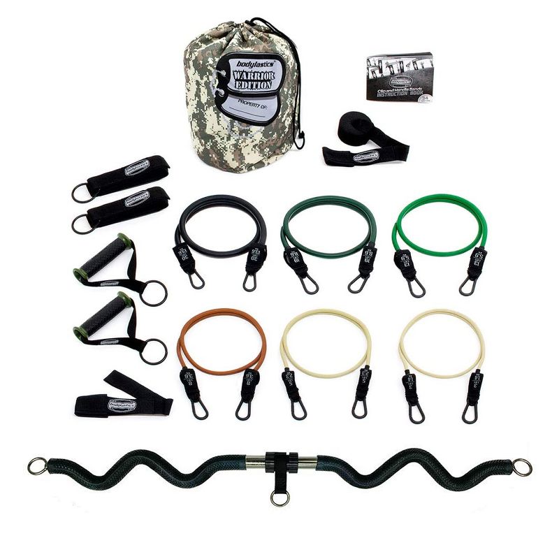 Bodylastics BLSET10 High Quality 15 Piece Full Body Exercise Equipment Warrior Set with Collapsible Resistance Bands Bar, Bands, Handles, and Anchors