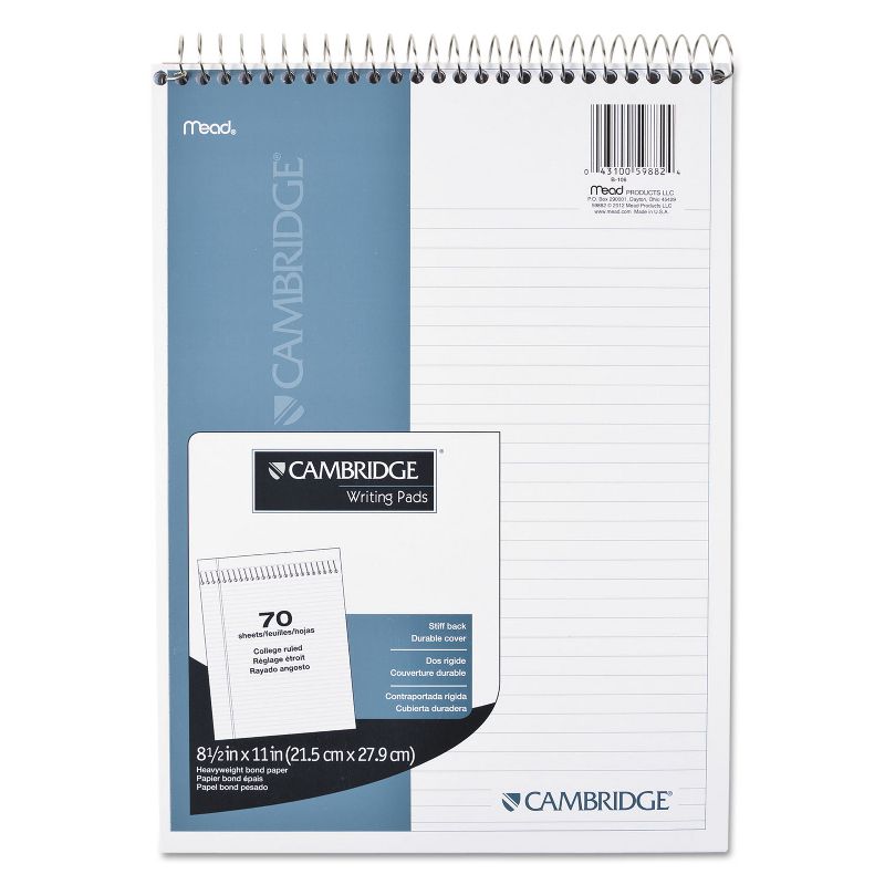 Cambridge Stiff Back Wire Bound Notebook College Rule 8 1/2 x 11 White Paper 70 Sheets 59882