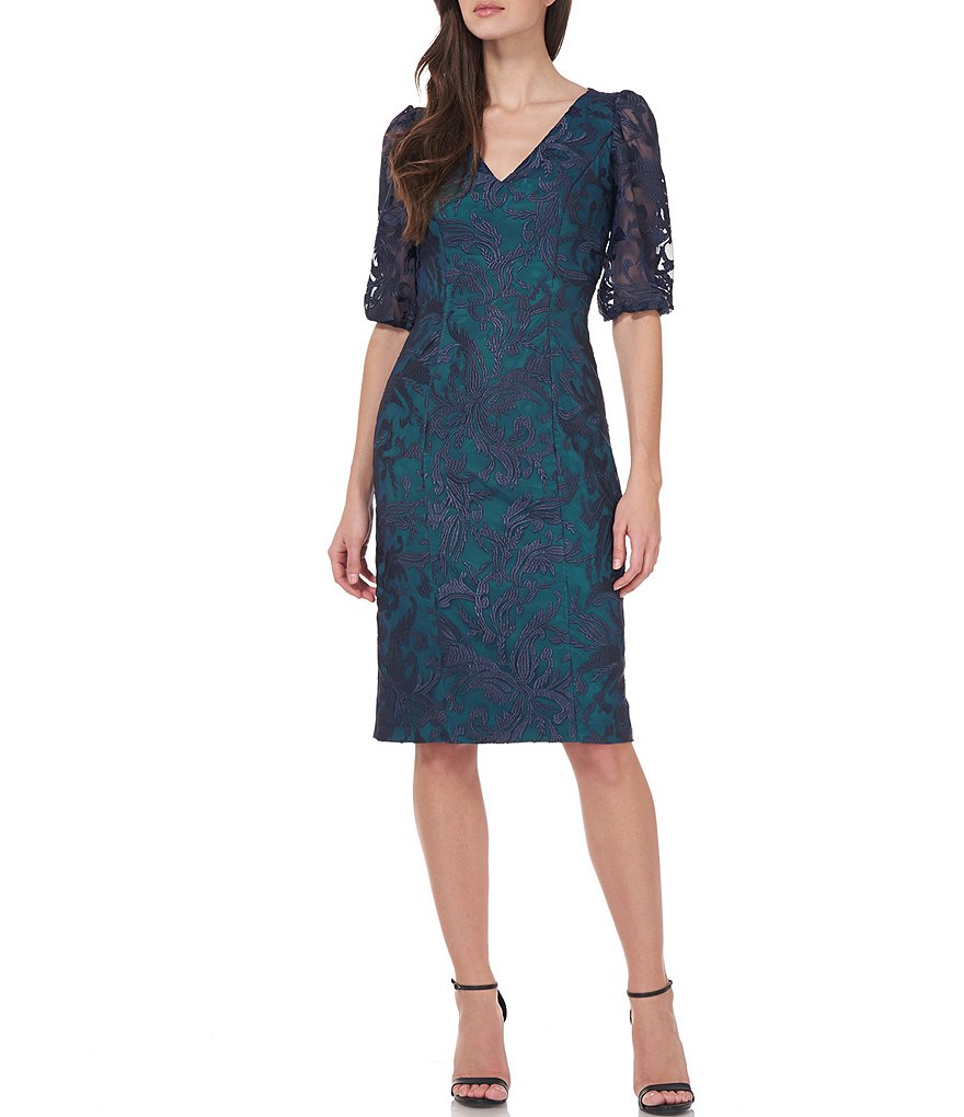 Marina Sequin Lace Round Neck 3/4 Sleeve Sheath Dress