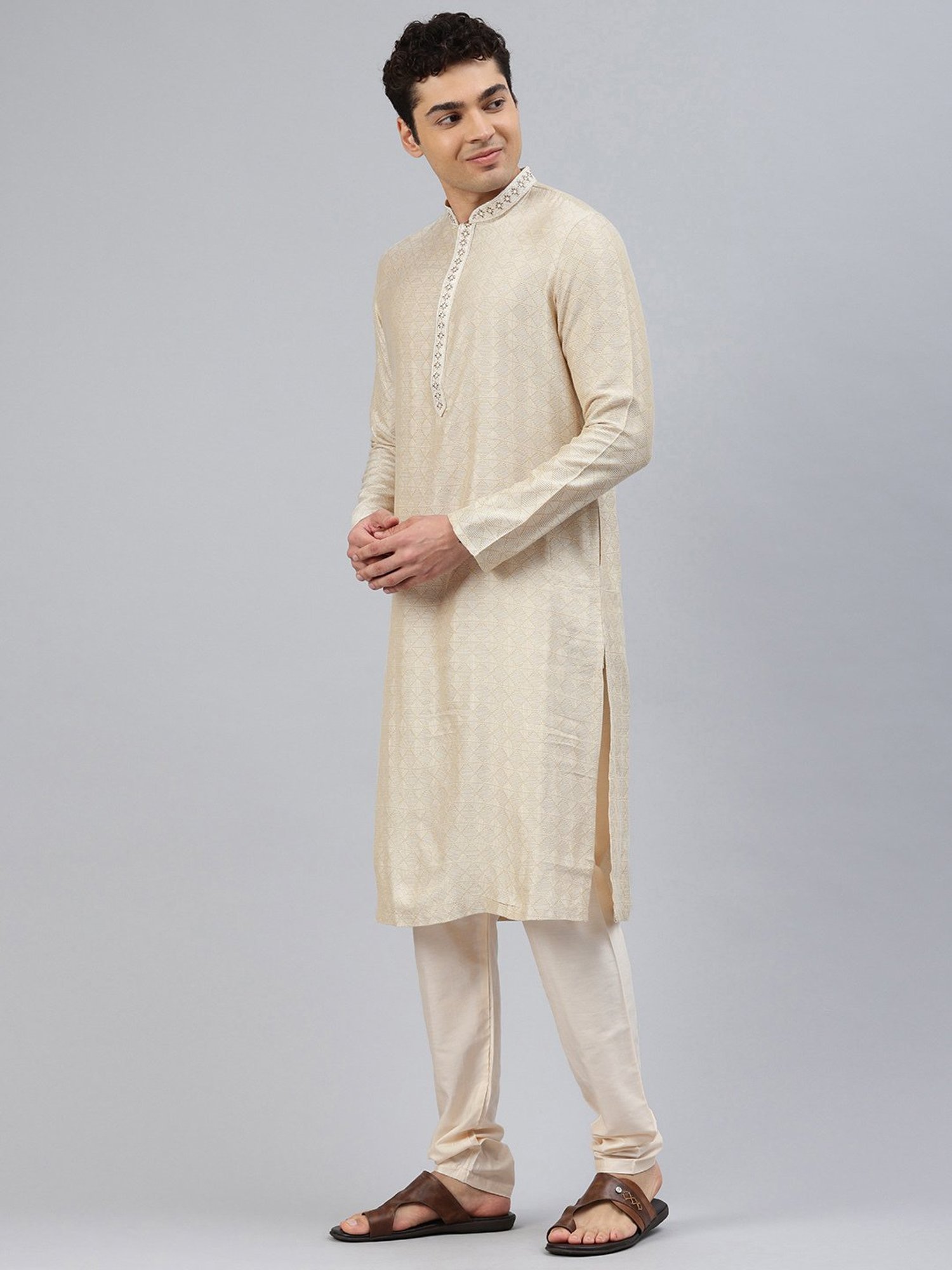 Manthan Beige Regular Fit Self Design Kurta & Pyjamas Set