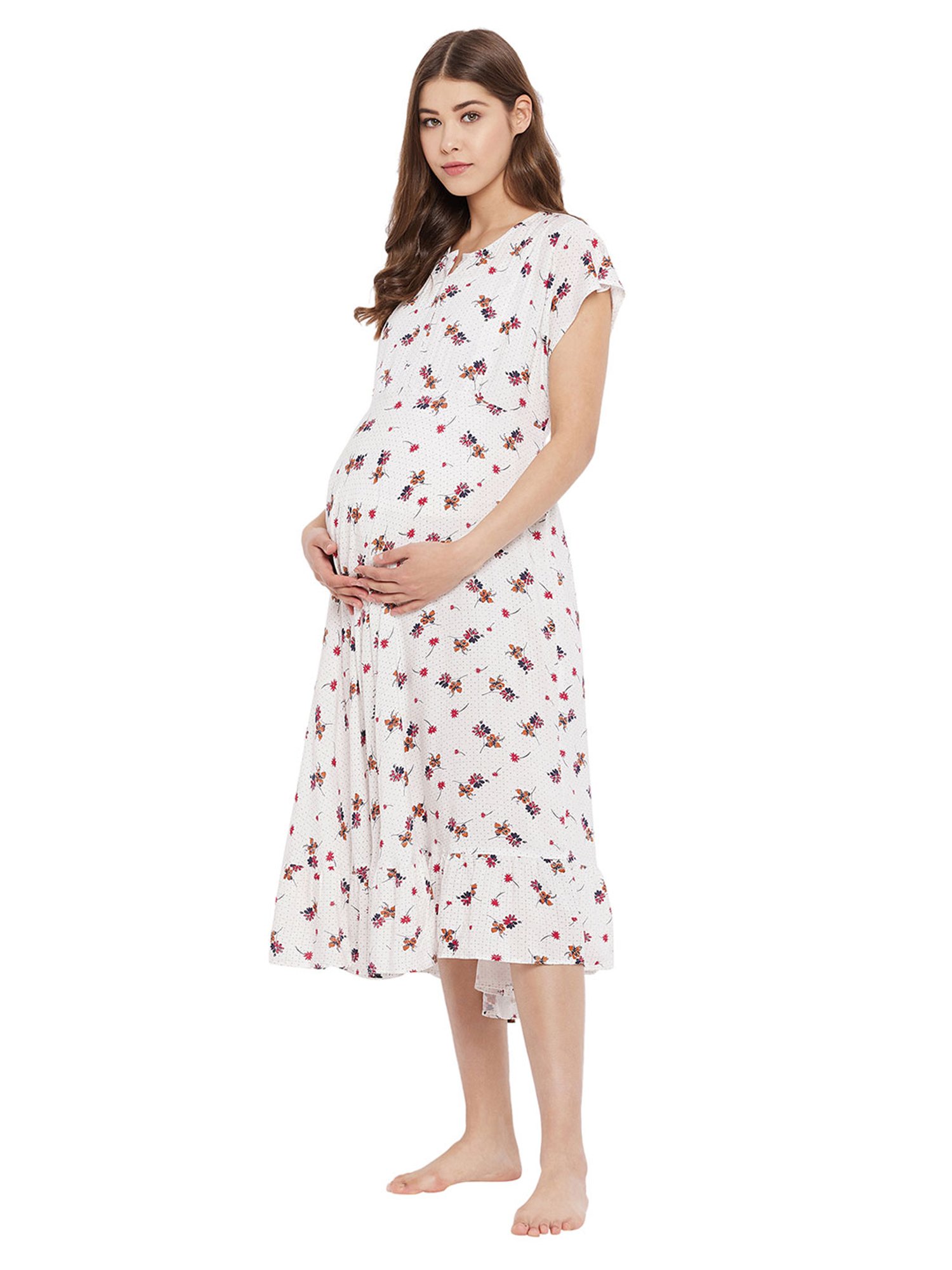 Hypernation White Floral Print Maternity Night Dress