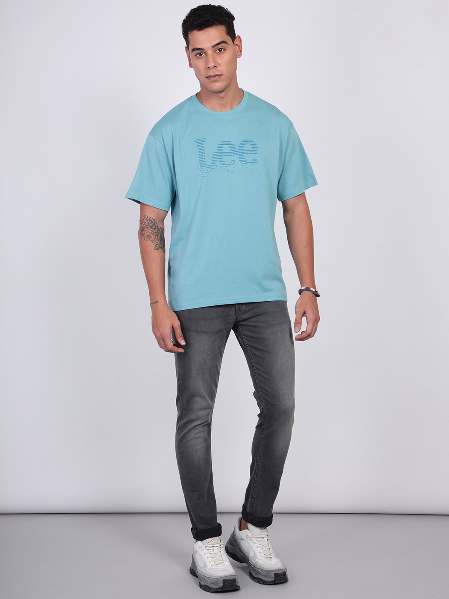 Lee Blue Loose Fit Logo Print Cotton Oversized Crew T-Shirt