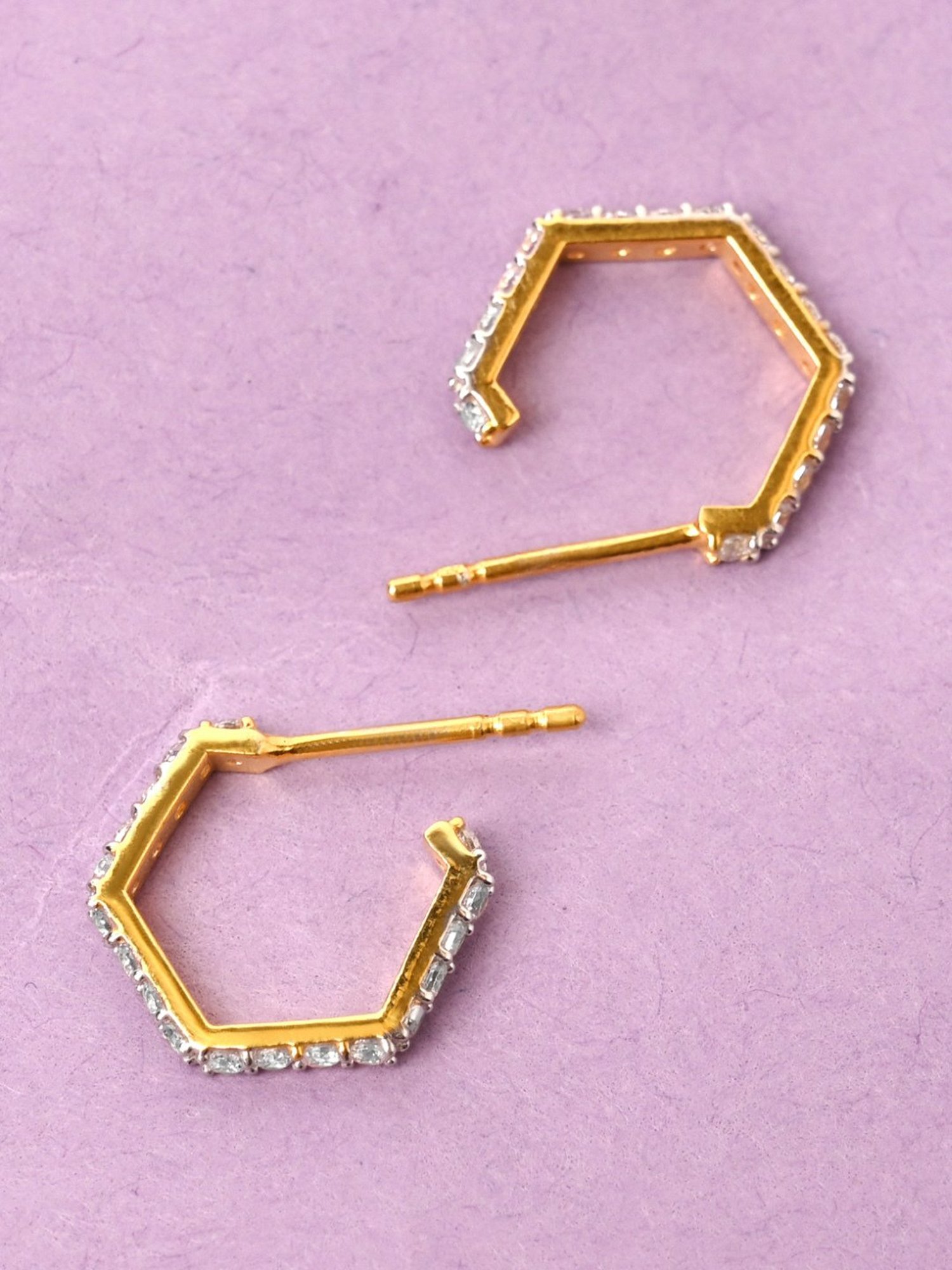 Clara 92.5 Sterling Silver Gold Swiss Zirconia Hexa Hoop & Huggie Earrings for Women & Girls