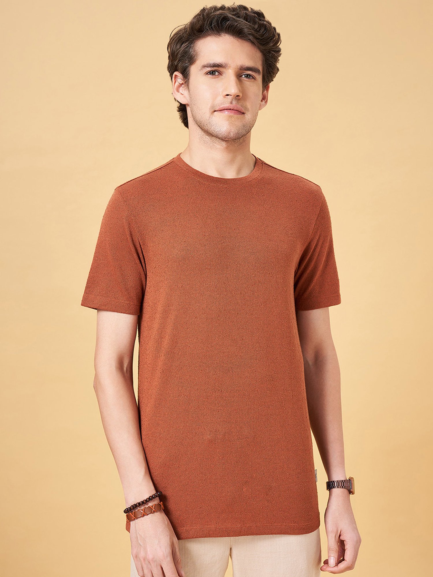 7 Alt by Pantaloons Rust Slim Fit Crew T-Shirt