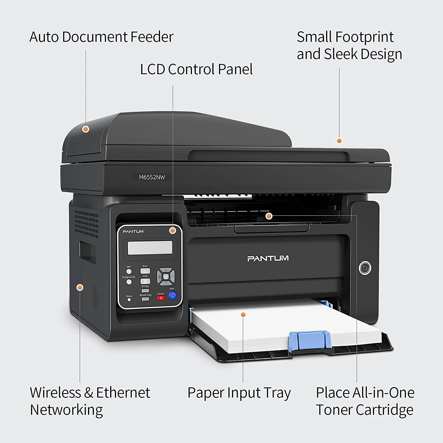 Pantum M6552NW Monochrome Laser Multifunction Printer with Wireless Networking Mobile Printing Large Paper Capacity