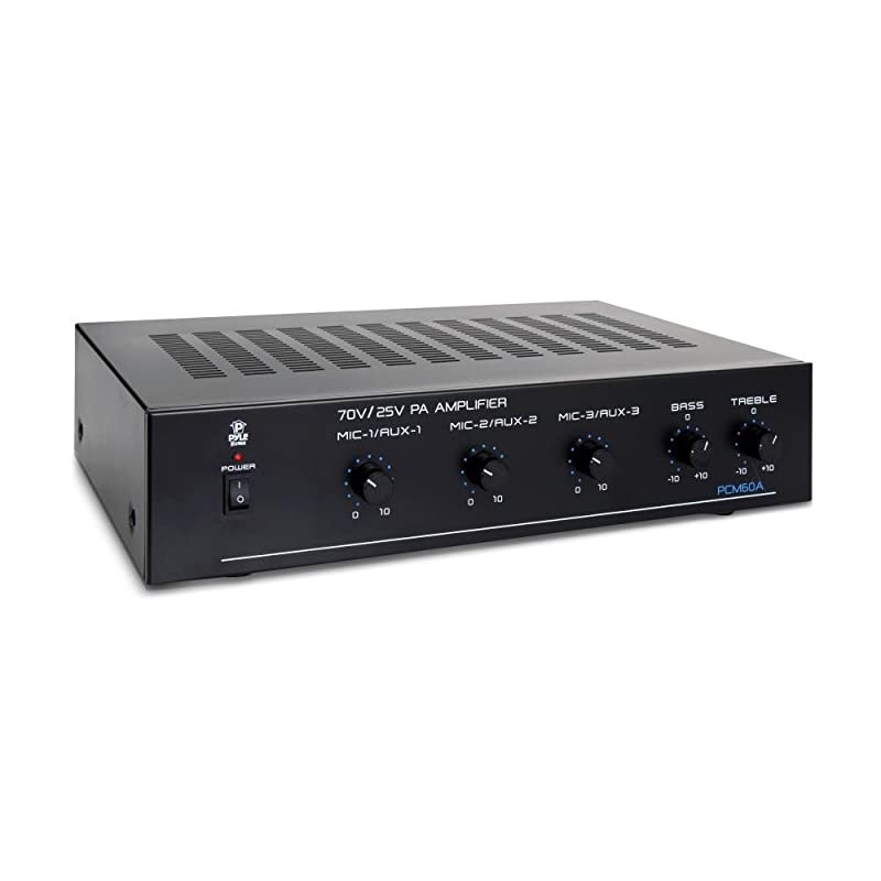 Compact Mini Home Power Amplifier - 100W Smart Indoor Audio Stereo Receiver w/ RCA, 3 Microphone IN, AUX, 25/70V Outputs, LED, Input Selector, For PA, Amplified Speaker Sound System  PCM60A Black