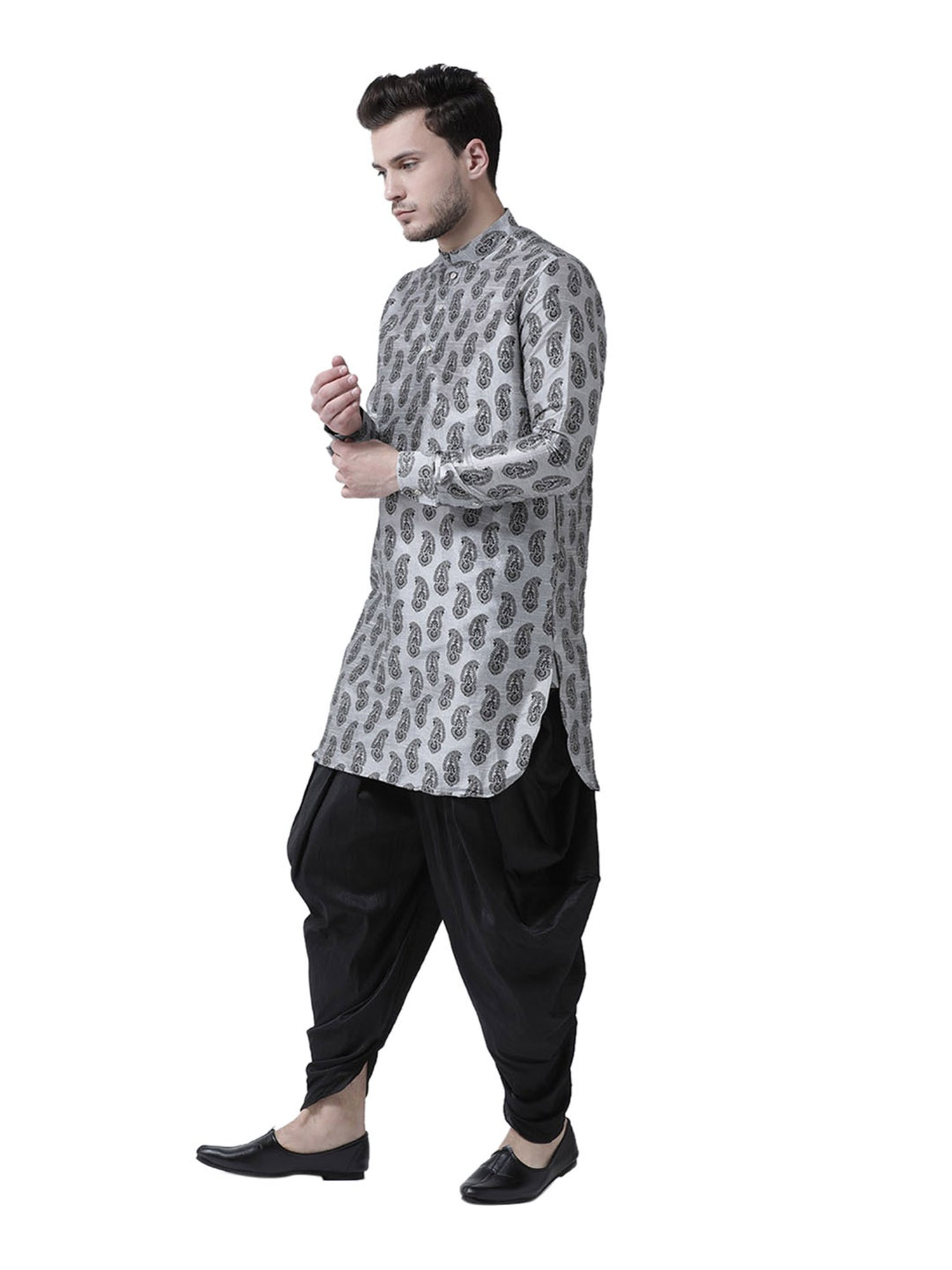 Deyann Light Grey Printed Mandarin Collar Silk Kurta Set