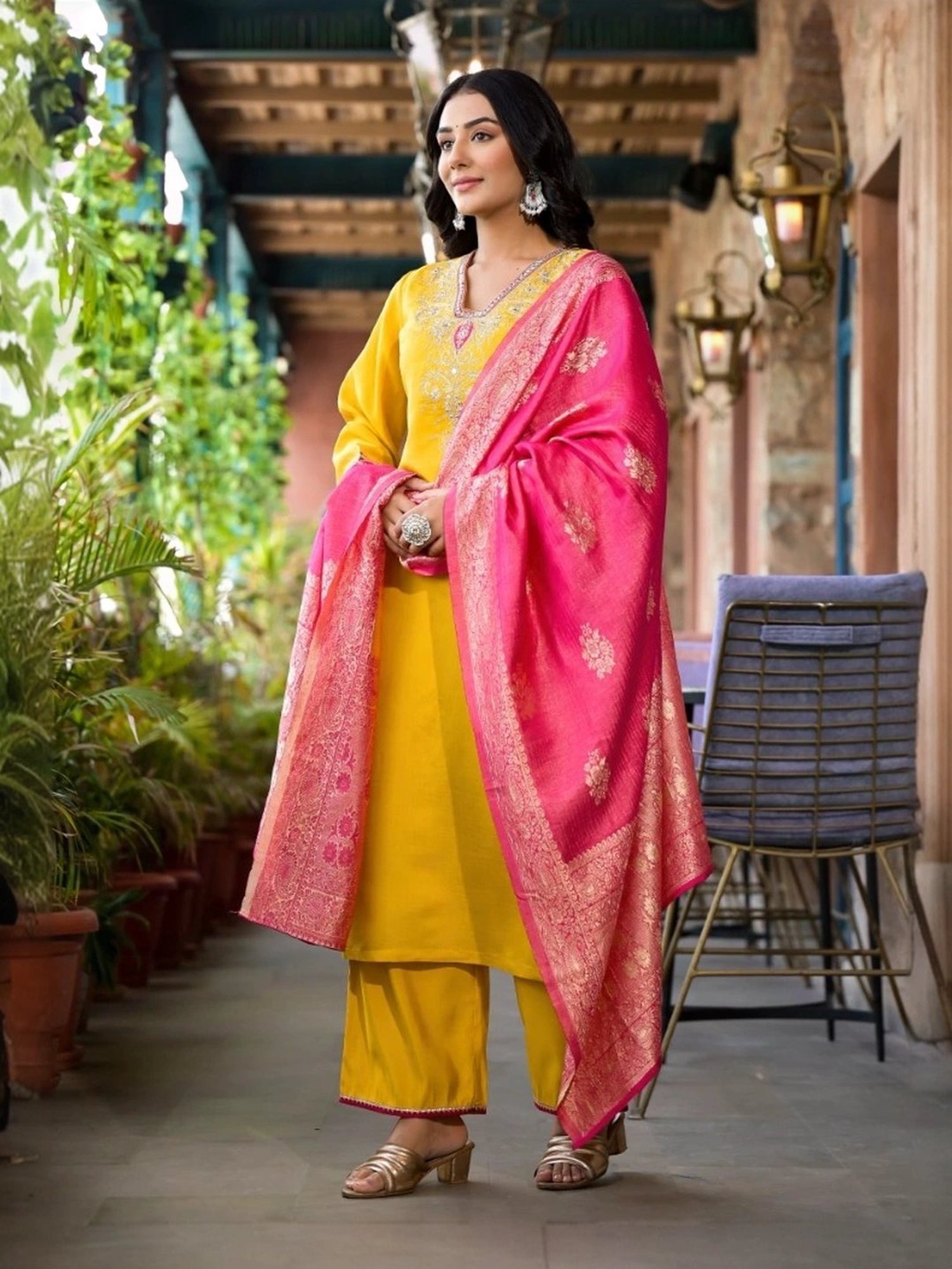Juniper Yellow Embroidered Kurta Pant Set With Dupatta