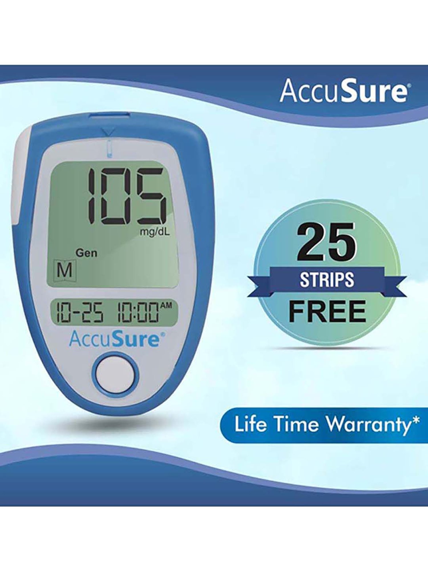 AccuSure Blood Glucometer, Lancing Device with Pack of 50 strips (White)