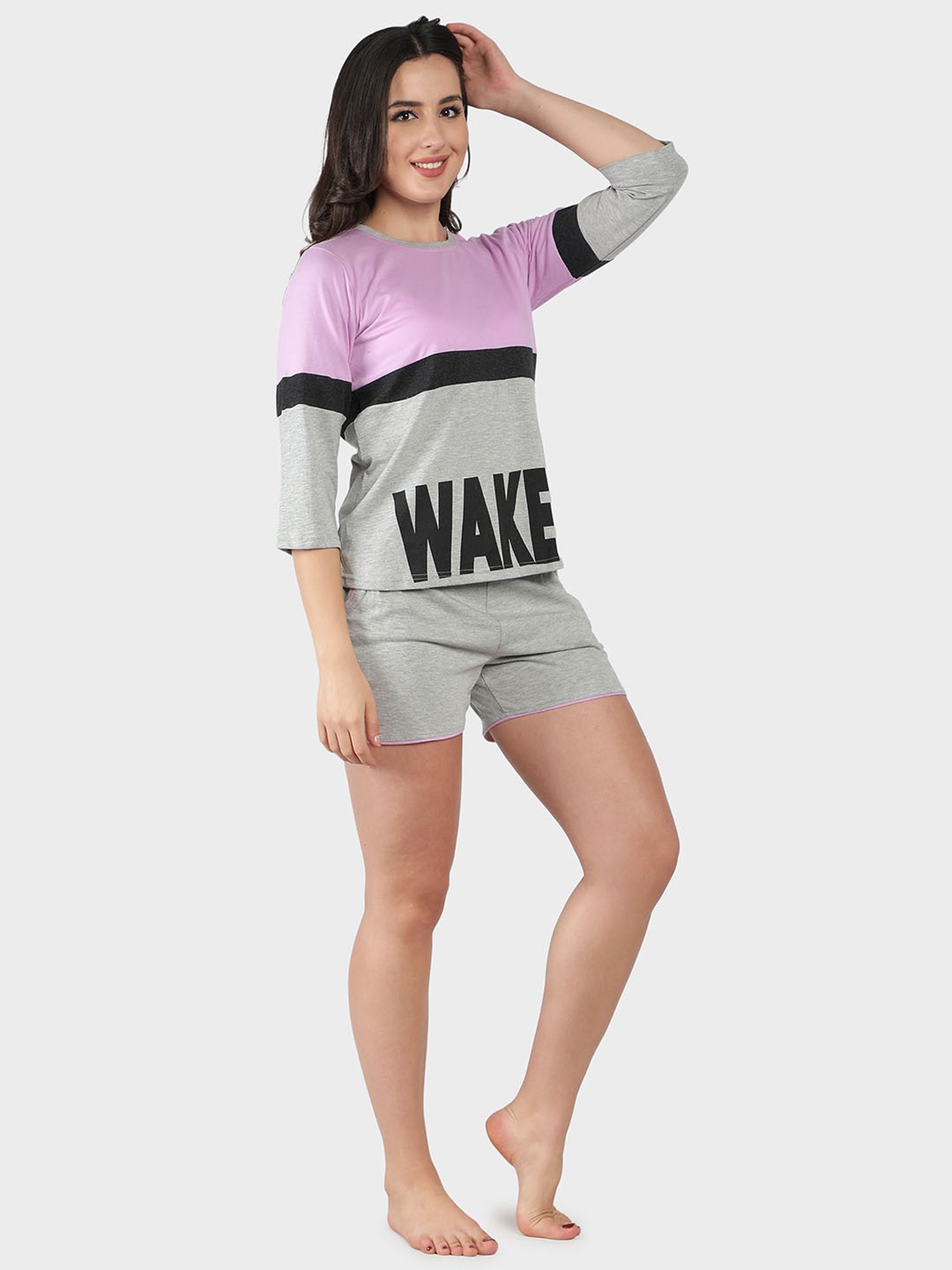 N-Gal Purple Graphic Print T-Shirt with Shorts