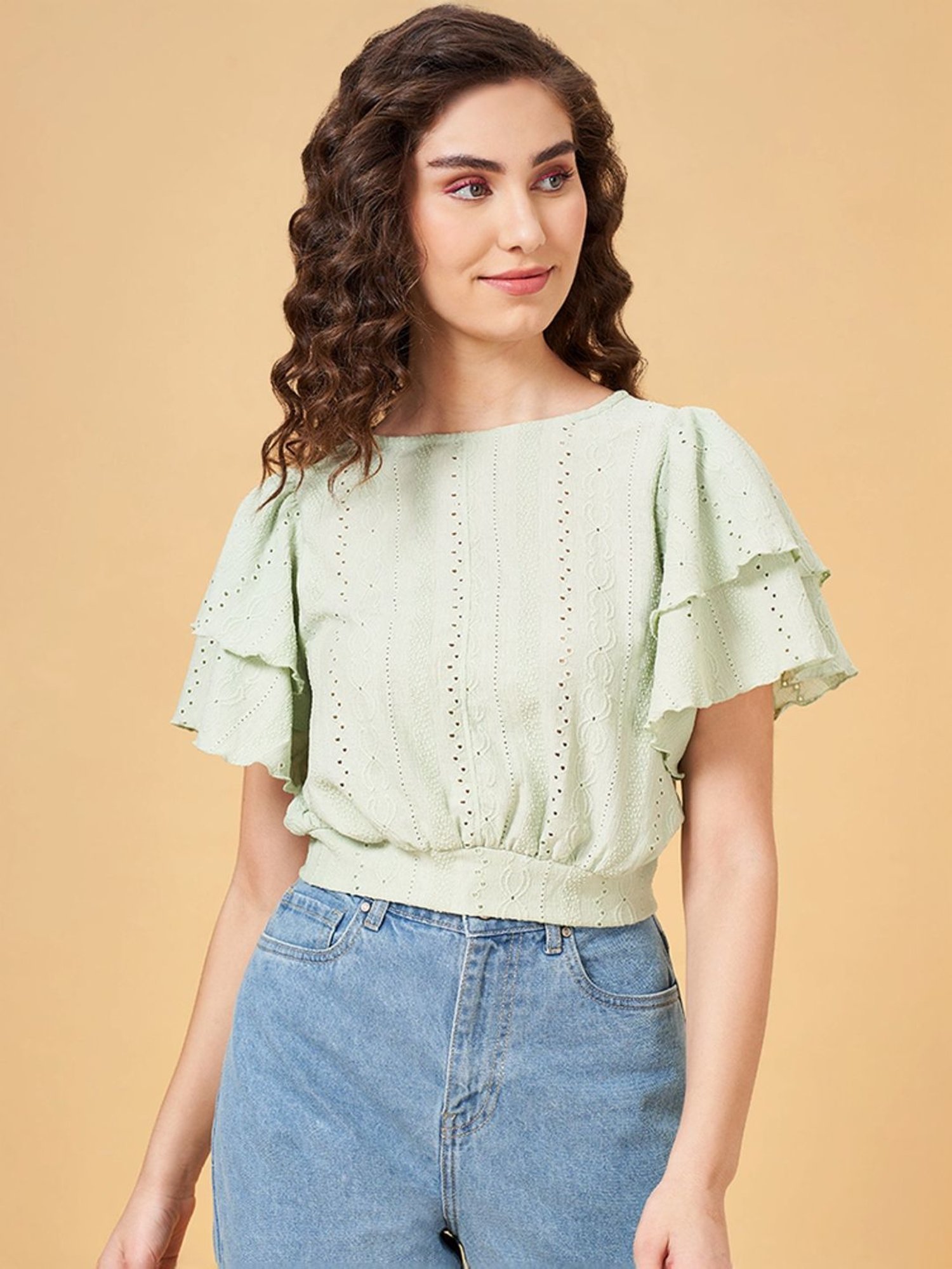 People by Pantaloons Green Self Pattern Crop Top