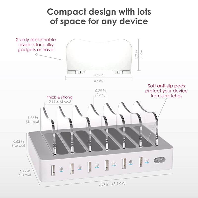 6 USB Charging Station for Multiple Devices Fast Multiple USB Charger Multi Port Hub Charging Organizer Dock Smart Cell Phone Docking Station iPhone Compatible Charger LED NoBuzz