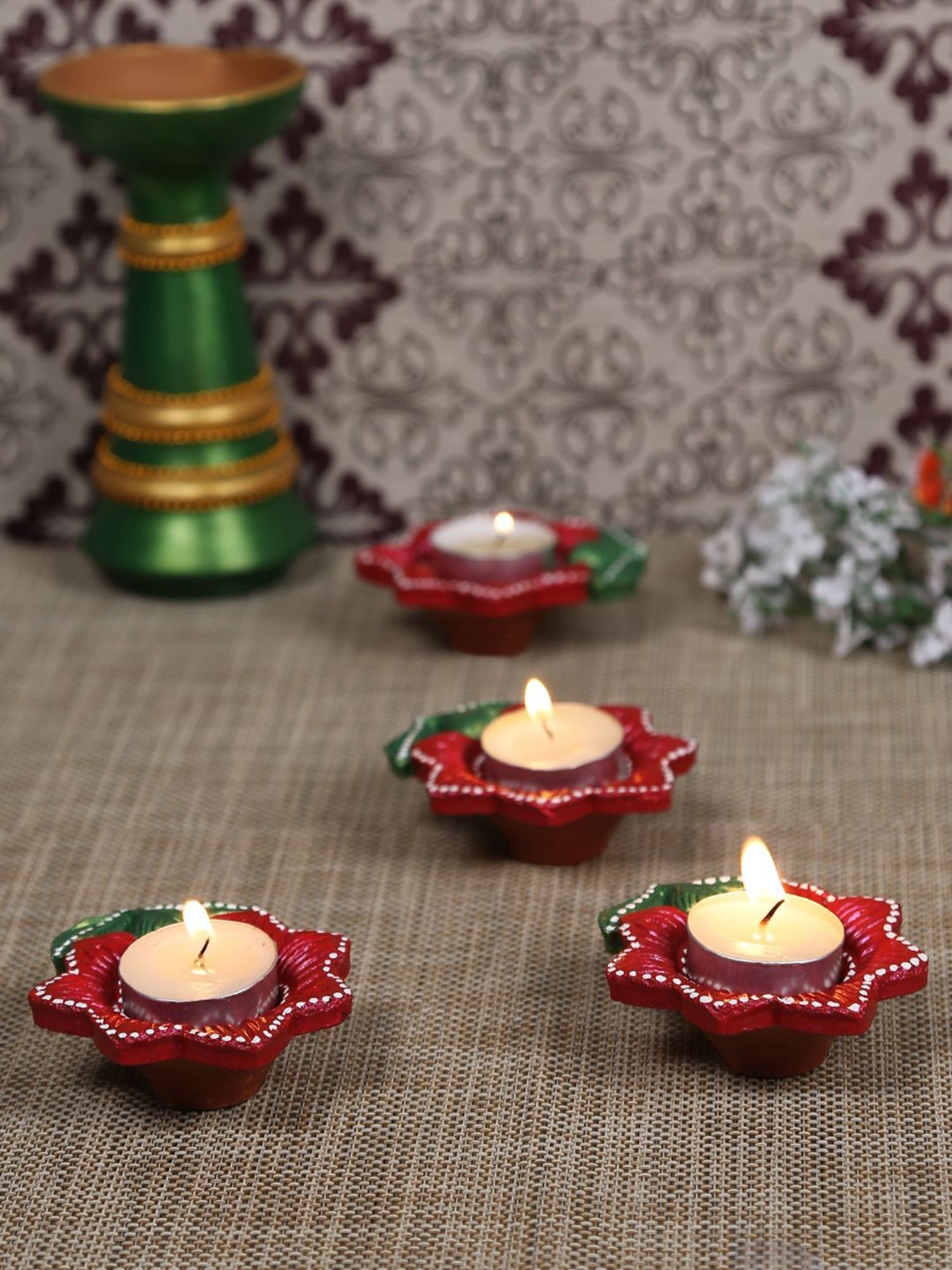 Aapno Rajasthan Red & Green Teracotta Floral Design Diyas for Diwali - Set of 4