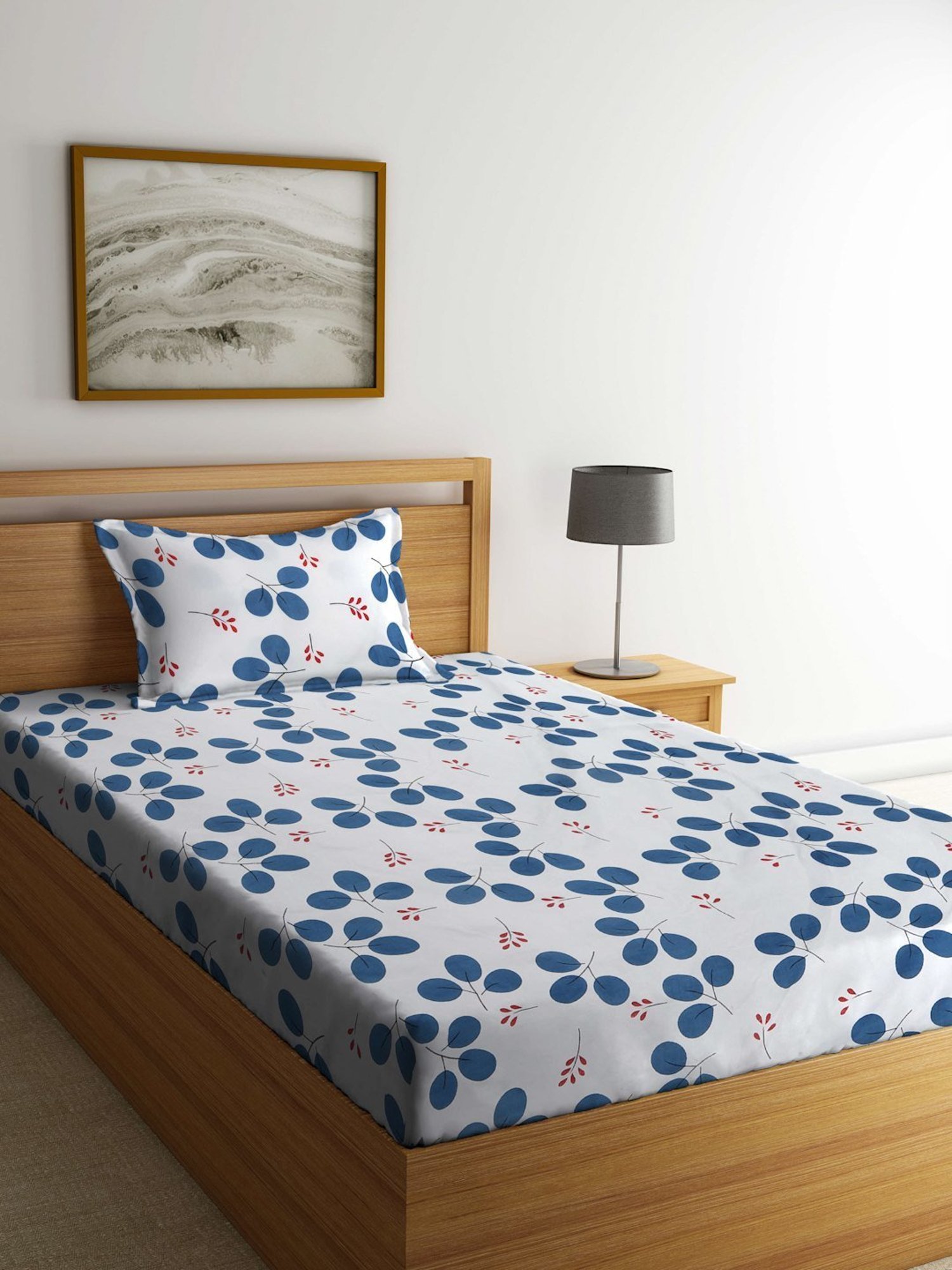 Klotthe Printed White & Blue 300 TC Cotton Blend Single Bed Sheet with Pillow Cover