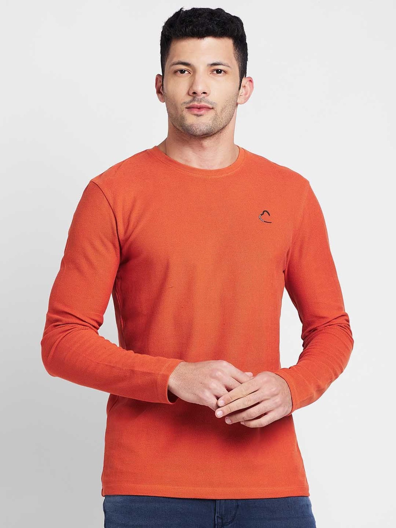 Being Human Orange Regular Fit Textured Crew T-Shirt