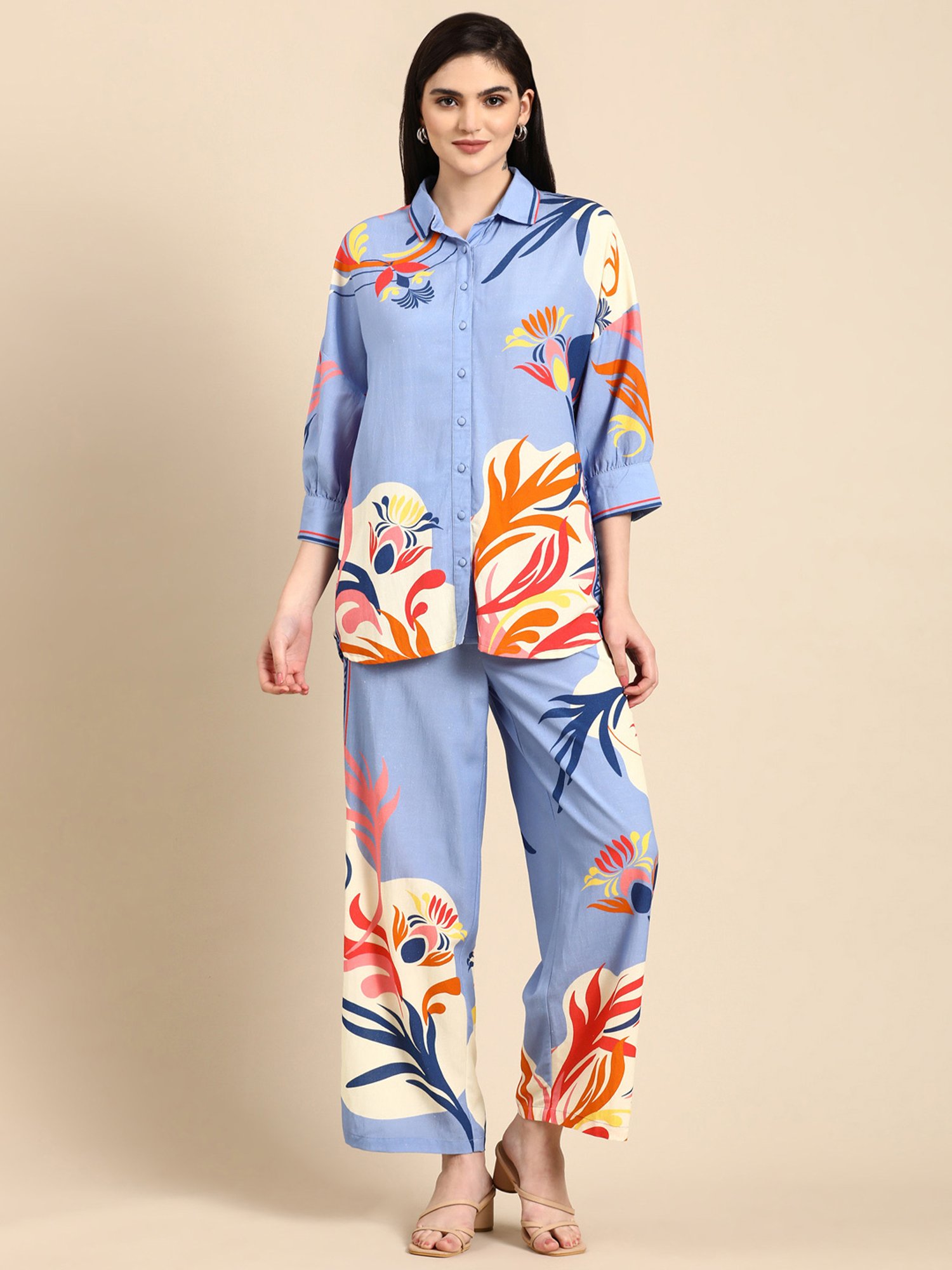 Zolo Label Blue Floral Print Shirt Pant Set