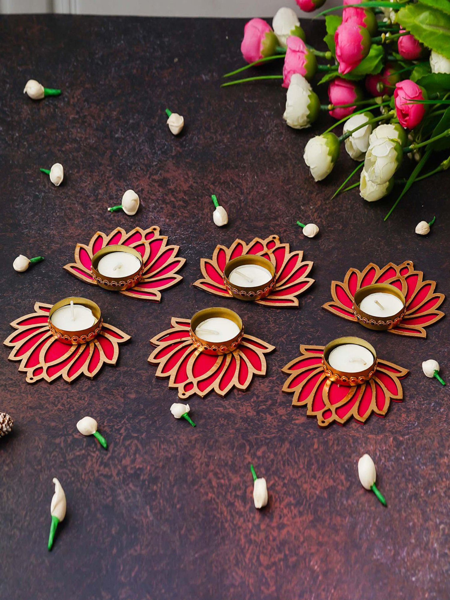 eCraftIndia Golden & Pink Lotus Flower Decorative Tea Light Candle Holders (Set of 8)