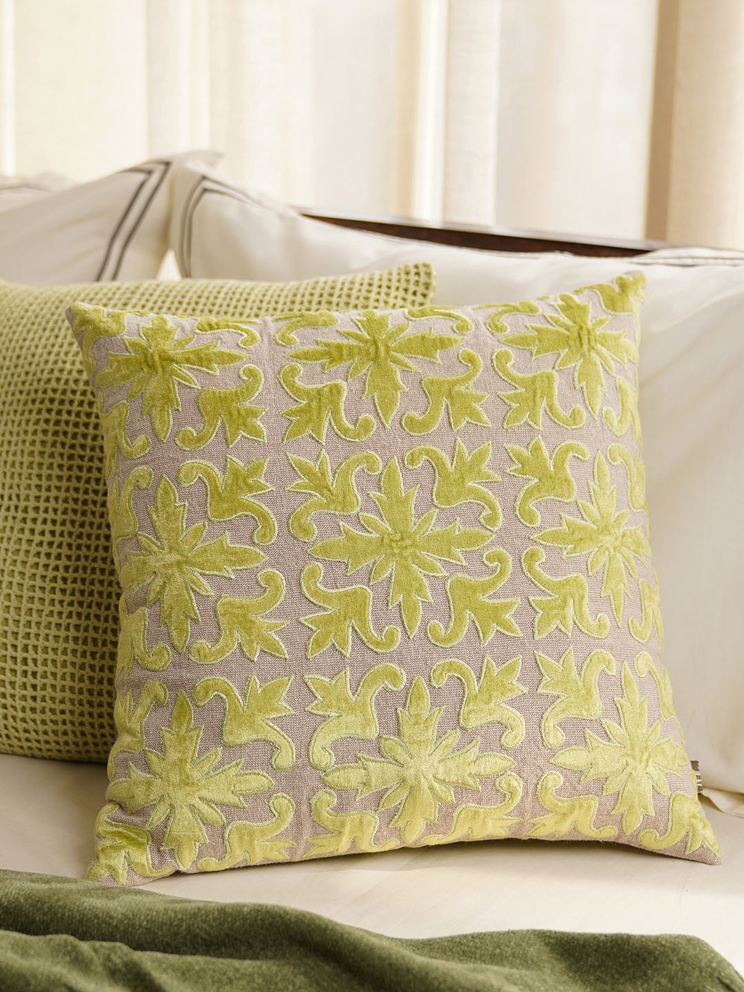 Pure Home and Living Green Velvet Appliqued Cushion Cover
