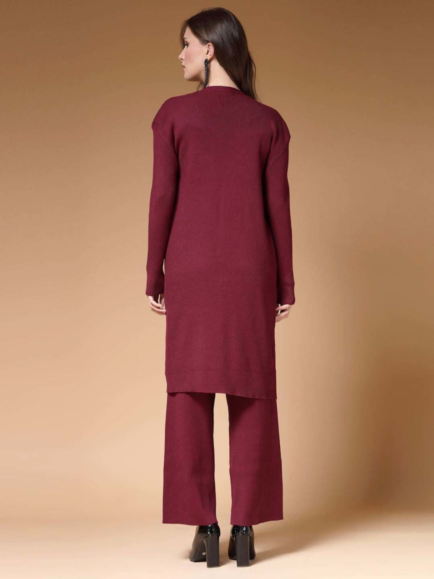 Mafadeny Maroon Plain Top Pants Set With Shrug