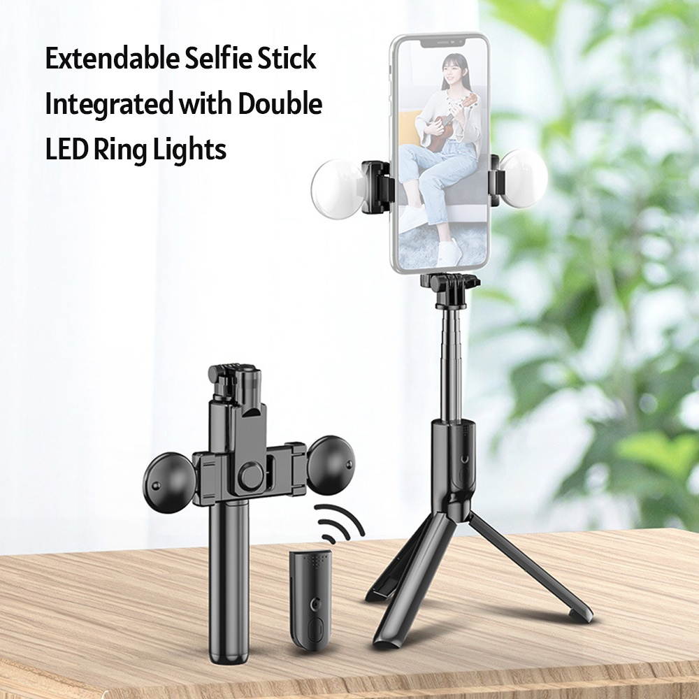 R9 Portable 5-Section Extendable Selfie Stick Integrated with 360&deg; Rotary Phone Holder Dual LED Ring Lights Tripod Remote Control for Smartphone Selfie Vlogging Live Streaming Portrait Photography